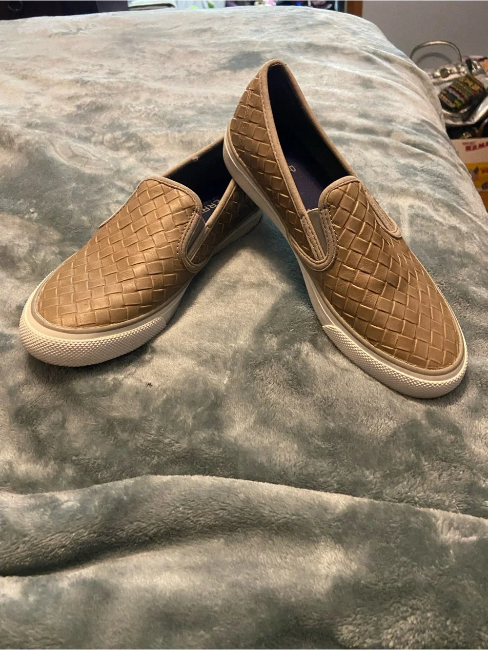 Sperry Women's Woven Slip-On Flats in Tan with White Sole